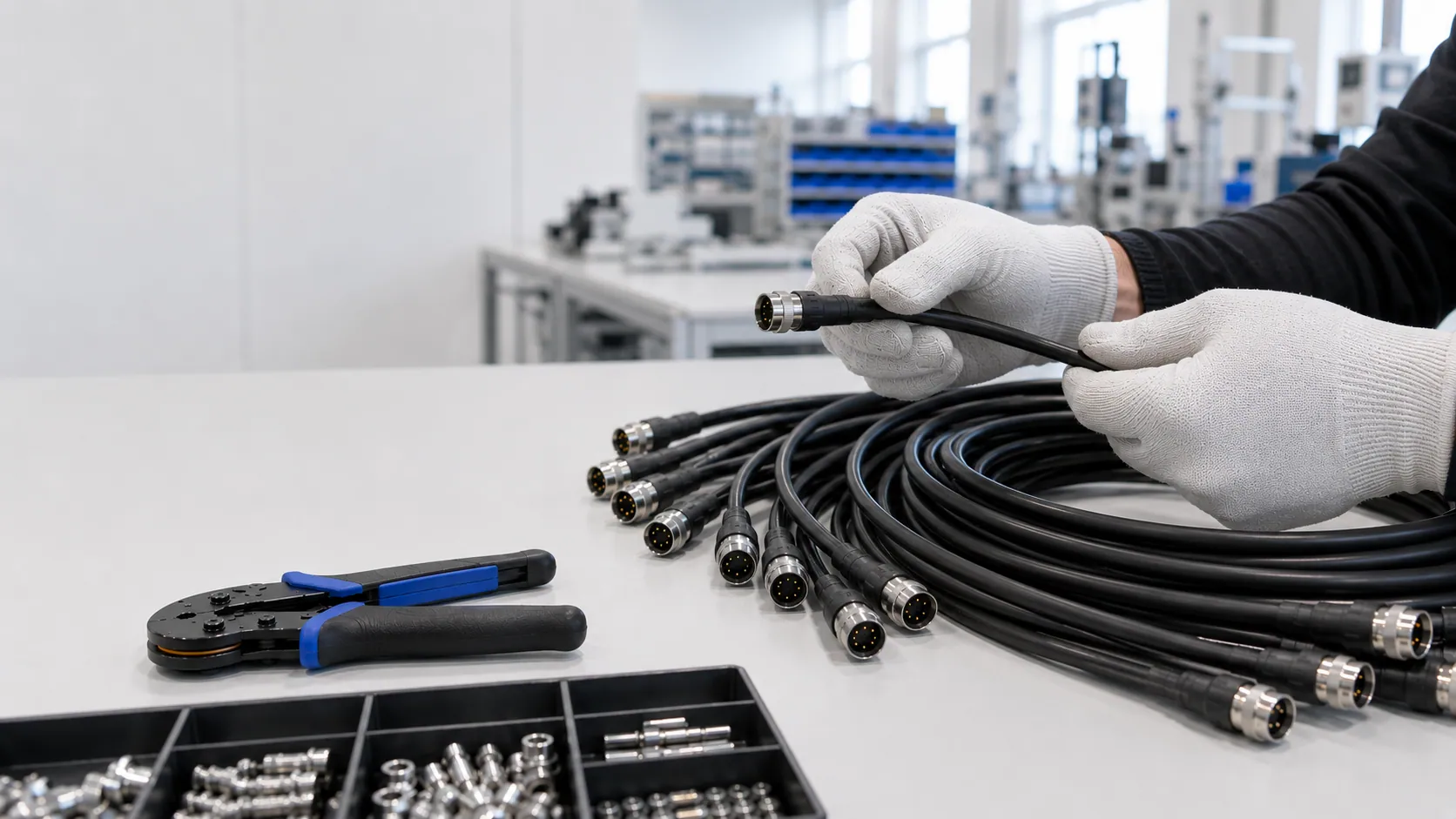 Präzise Kabelkonfektion auf einem modernen Arbeitstisch